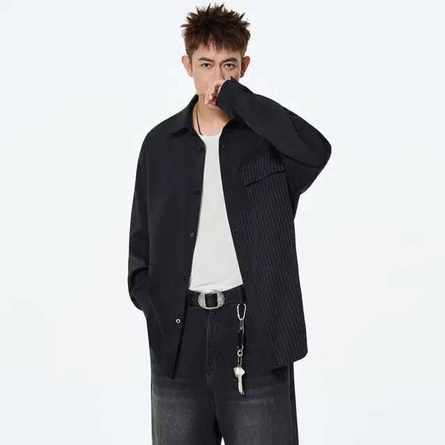 快鱼 美式高街学院风纯色条纹设计简约时尚休闲潮流百搭落肩单排扣长袖衬衫 男女同款