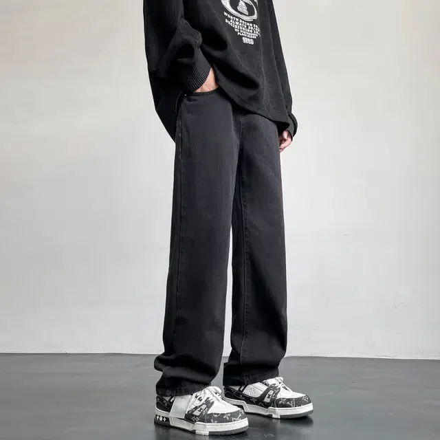 快鱼 复古纯色水洗工艺宽松休闲做旧阔腿直筒牛仔裤 男女同款