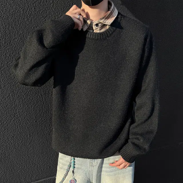 快鱼 时尚潮流格子翻领拼接假两件内搭上衣韩系慵懒风小众设计感长袖保暖舒适百搭毛衣 男女同款