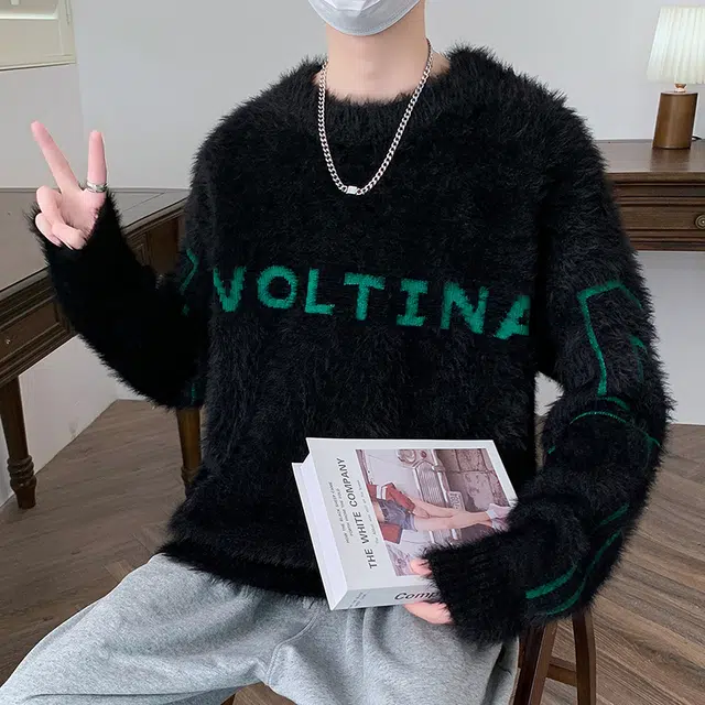 快鱼 美式复古高街学院风纯色字母印花圆领落肩袖设计潮流时尚宽松休闲舒适百搭毛衣打底针织衫 男女同款