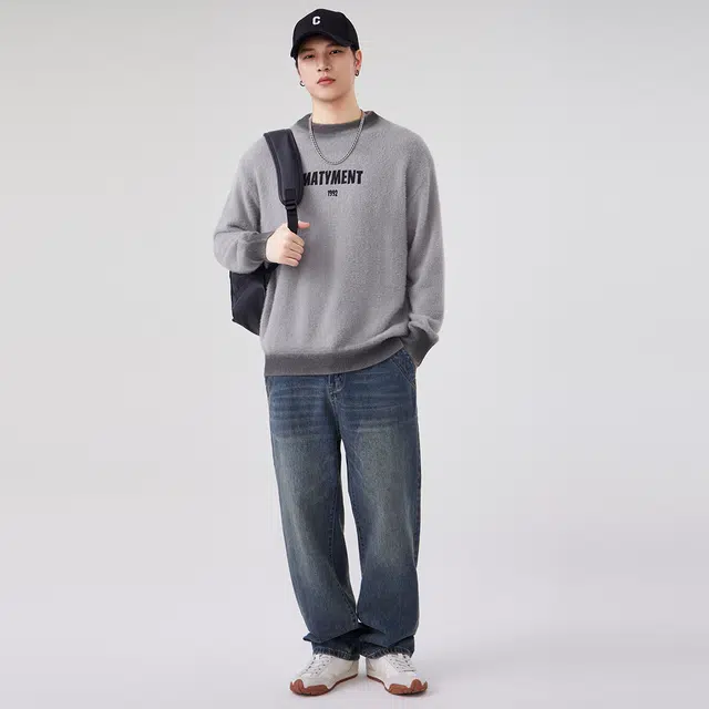 快鱼 美式复古高街学院风仿貂毛字母印花拼色渐变高级感设计宽松休闲舒适百搭落肩套头打底衫毛衣 男女同款