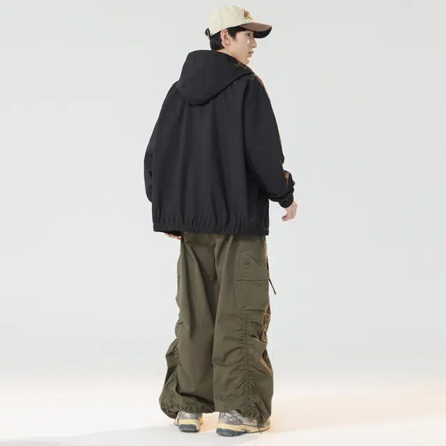 快鱼 美式高街简约复古户外山系工装机能纯色拼接拉链设计感飞行员落肩防风防水通勤百搭宽松休闲教练连帽夹克外套 男女同款