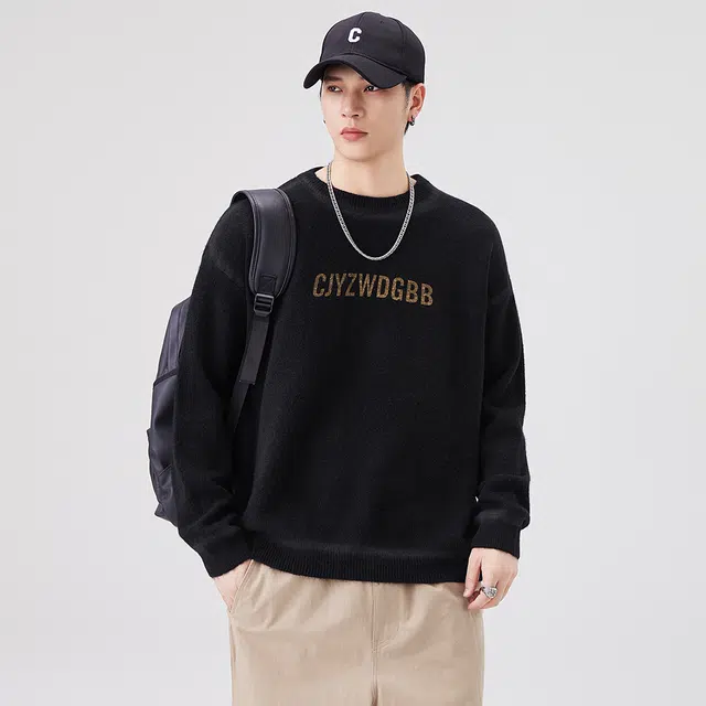 快鱼 美式复古高街学院风纯色字母印花圆领宽松休闲时尚百搭日常通勤长袖打底衫毛衣 男女同款