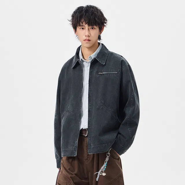 快鱼 美式复古高街机车美拉德纯色做旧重水洗经典百搭宽松休闲高级感翻领牛仔外套 男女同款