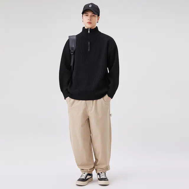 快鱼 美式复古高街慵懒风半拉链立领高级感设计宽松休闲时尚百搭日常通勤打底衫毛衣 男女同款