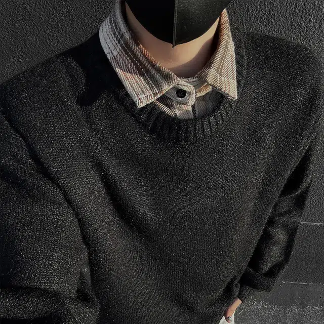 快鱼 时尚潮流格子翻领拼接假两件内搭上衣韩系慵懒风小众设计感长袖保暖舒适百搭毛衣 男女同款