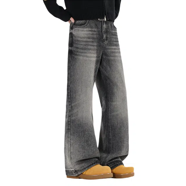 快鱼 美式复古高街重水洗做旧猫须纹阔腿弯刀高级感中腰显高显瘦潮流时尚通勤百搭休闲垂感柔软透气直筒牛仔裤 男女同款