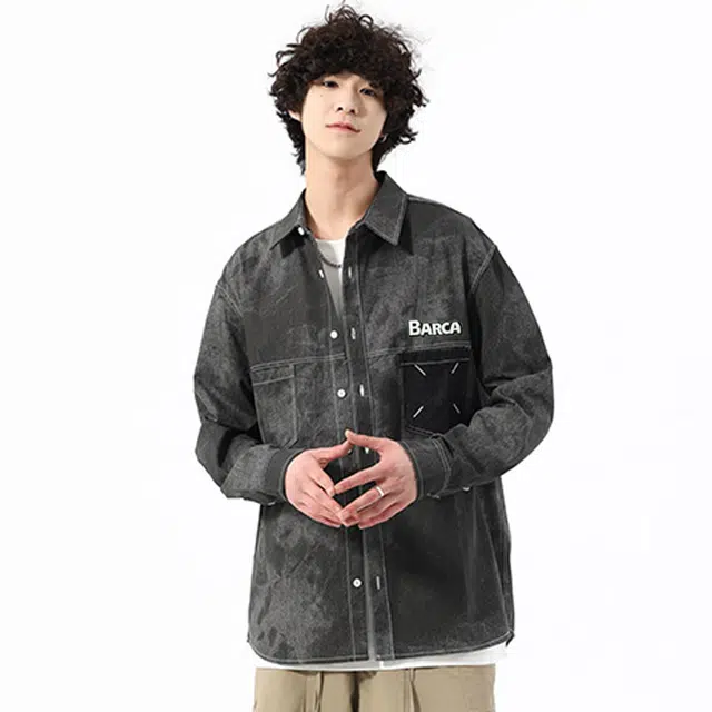 巴塞罗那足球俱乐部 美式高街翻领复古渐变印花百搭宽松透气高级感舒适时尚长袖牛仔衬衫 男女同款