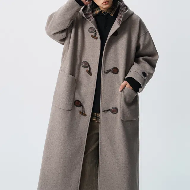 巴塞罗那足球俱乐部 美式复古韩系纯色胸针可拆卸格纹连帽加厚保暖百搭简约宽松休闲中长款高级感外套大衣 男女同款