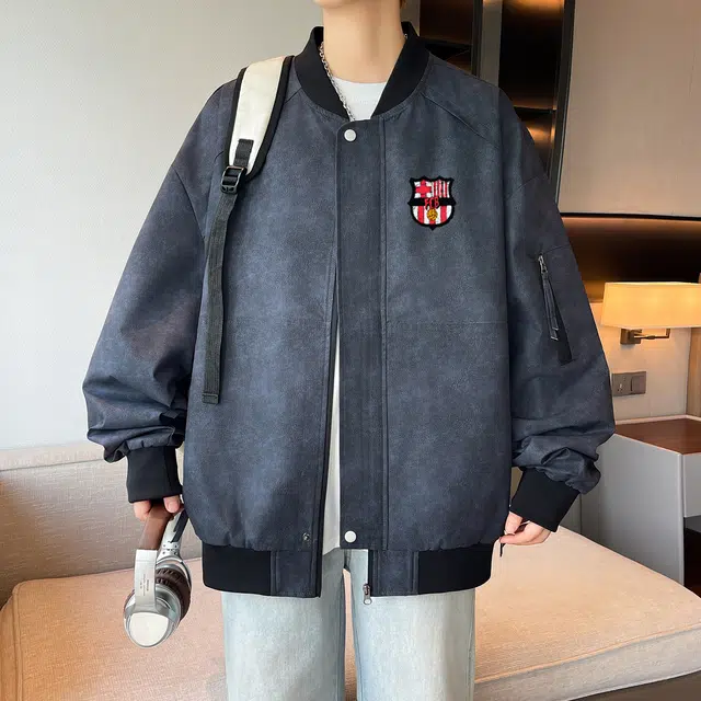 巴塞罗那足球俱乐部 美式复古高街立领侧面口袋拉链防风保暖宽松简约舒适百搭拼色拼接长袖夹克 男女同款