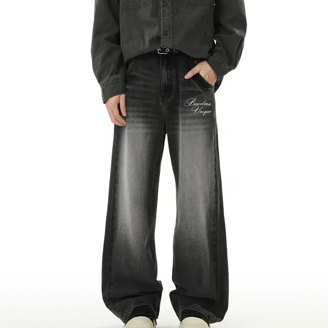 巴塞罗那足球俱乐部 美式潮牌复古宽松直筒百搭舒适长裤日常通勤阔腿休闲简约字母印花牛仔裤 男女同款