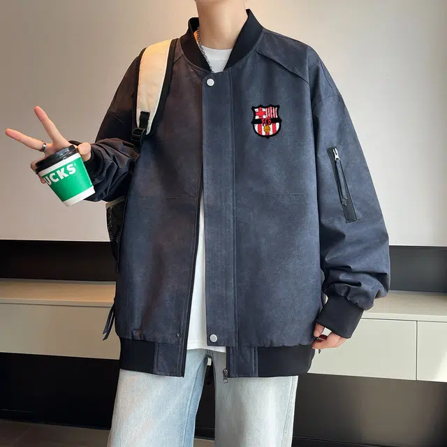 巴塞罗那足球俱乐部 美式复古高街立领侧面口袋拉链防风保暖宽松简约舒适百搭拼色拼接长袖夹克 男女同款