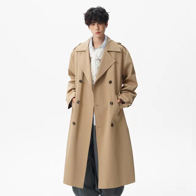 巴塞罗那足球俱乐部 韩式复古慵懒风基础经典长款过膝美拉德宽松百搭双排扣大口袋防风保暖大衣外套中腰系带英伦高级感时尚落肩袖翻领风衣 男女同款