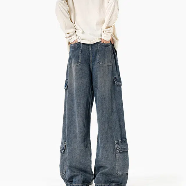 巴塞罗那足球俱乐部 美式复古拼接多口袋水洗做旧百搭简约宽松潮流直筒纽扣门禁休闲户外牛仔裤 男女同款