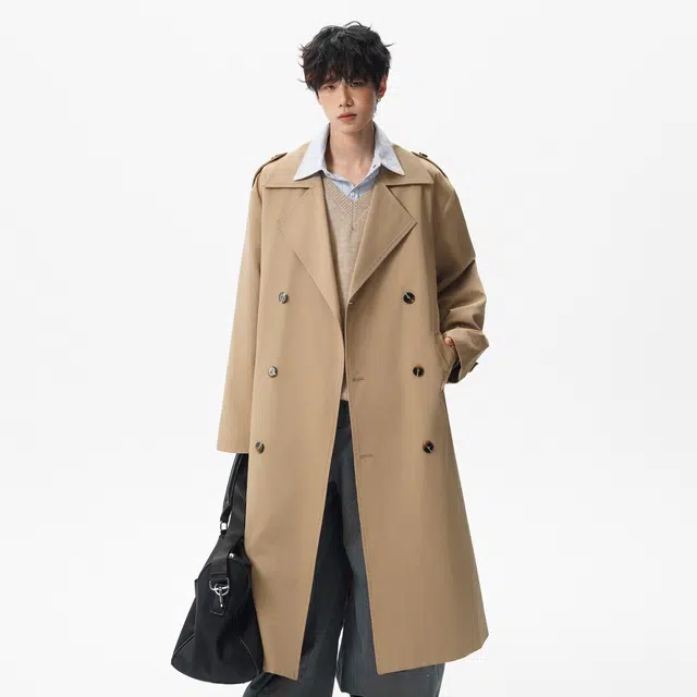 巴塞罗那足球俱乐部 韩式复古慵懒风基础经典长款过膝美拉德宽松百搭双排扣大口袋防风保暖大衣外套中腰系带英伦高级感时尚落肩袖翻领风衣 男女同款