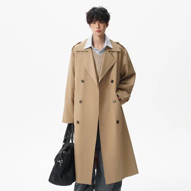 巴塞罗那足球俱乐部 韩式复古慵懒风基础经典长款过膝美拉德宽松百搭双排扣大口袋防风保暖大衣外套中腰系带英伦高级感时尚落肩袖翻领风衣 男女同款