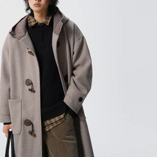 巴塞罗那足球俱乐部 美式复古韩系纯色胸针可拆卸格纹连帽加厚保暖百搭简约宽松休闲中长款高级感外套大衣 男女同款