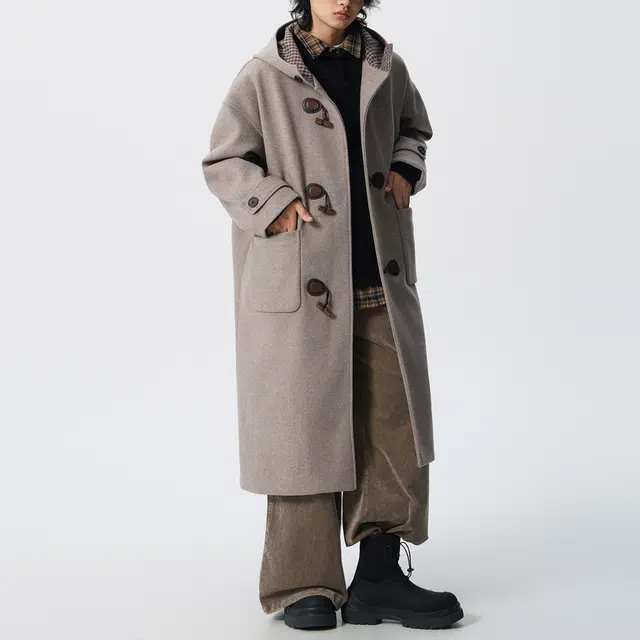 巴塞罗那足球俱乐部 美式复古韩系纯色胸针可拆卸格纹连帽加厚保暖百搭简约宽松休闲中长款高级感外套大衣 男女同款