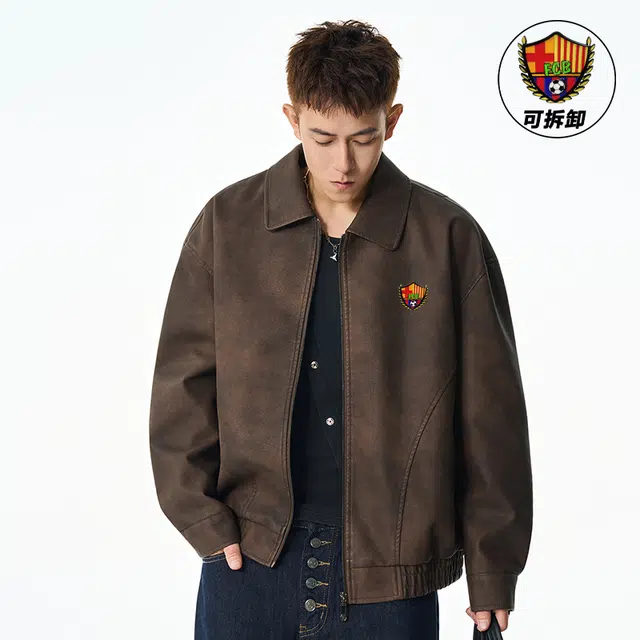 巴塞罗那足球俱乐部 美式复古怀旧胸针可拆卸机能翻领拉链宽松耐磨透气舒适外套皮衣 男女同款