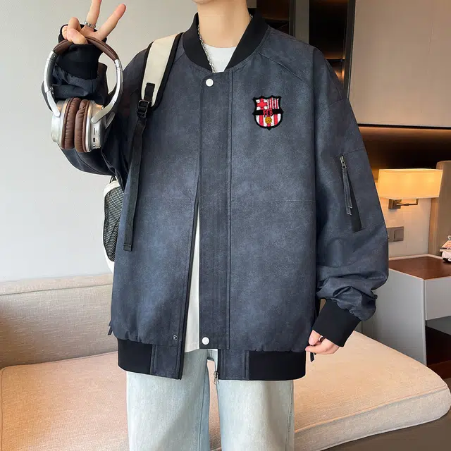 巴塞罗那足球俱乐部 美式复古高街立领侧面口袋拉链防风保暖宽松简约舒适百搭拼色拼接长袖夹克 男女同款