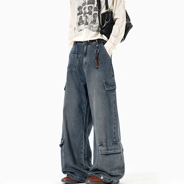 巴塞罗那足球俱乐部 美式复古拼接多口袋水洗做旧百搭简约宽松潮流直筒纽扣门禁休闲户外牛仔裤 男女同款