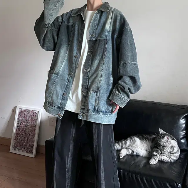 巴塞罗那足球俱乐部 高街美式宽松落肩潮服拼接户外休闲翻领单排扣长袖潮牛仔外套 男女同款