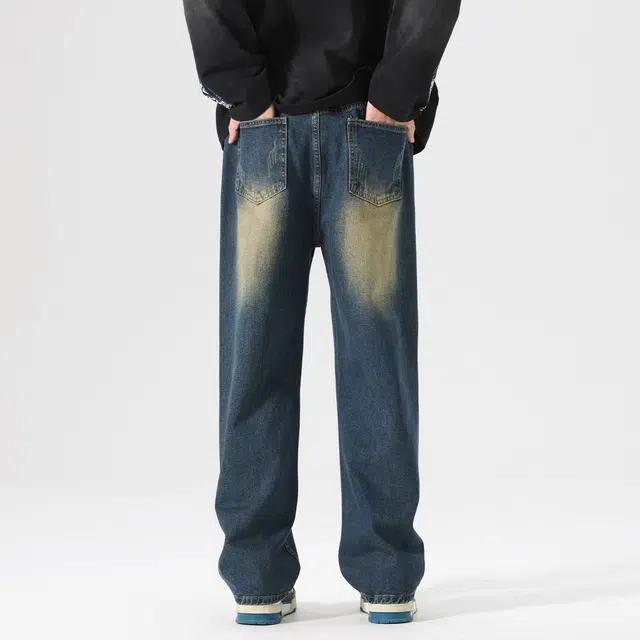 巴塞罗那足球俱乐部 复古高街舒适宽松直筒简约水洗做旧长裤百搭美式通勤休闲牛仔裤 男女同款