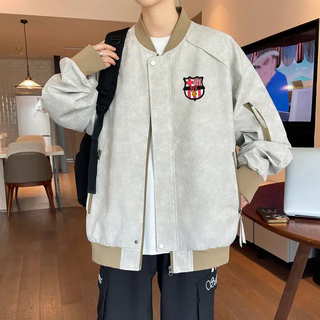 巴塞罗那足球俱乐部 美式复古高街立领侧面口袋拉链防风保暖宽松简约舒适百搭拼色拼接长袖夹克 男女同款