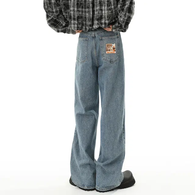 巴塞罗那足球俱乐部 美式高街潮牌简约字母印花长裤百搭宽松直筒舒适通勤水洗复古休闲牛仔裤 男女同款