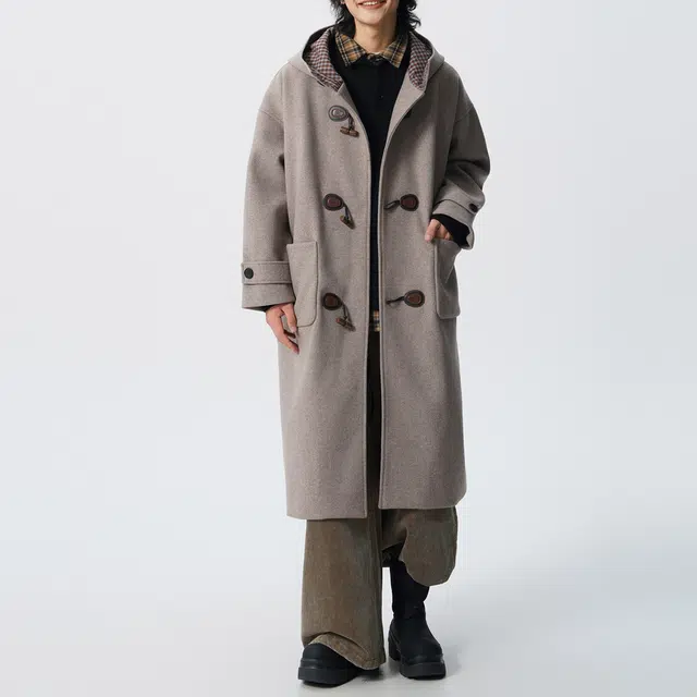 巴塞罗那足球俱乐部 美式复古韩系纯色胸针可拆卸格纹连帽加厚保暖百搭简约宽松休闲中长款高级感外套大衣 男女同款