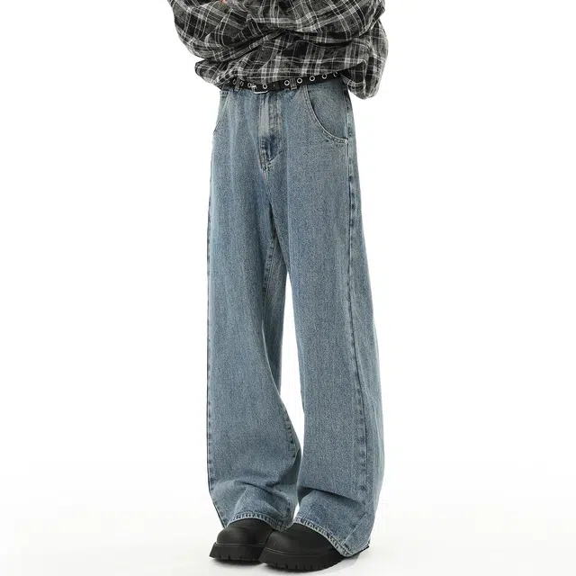 巴塞罗那足球俱乐部 美式高街潮牌简约字母印花长裤百搭宽松直筒舒适通勤水洗复古休闲牛仔裤 男女同款