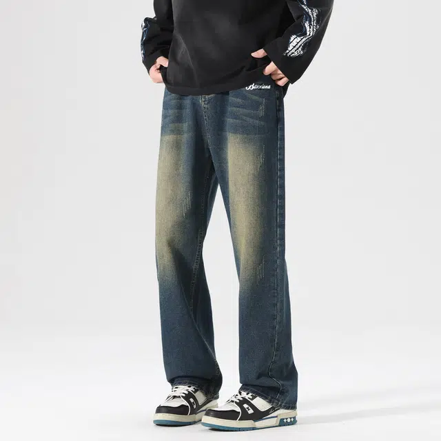 巴塞罗那足球俱乐部 复古高街舒适宽松直筒简约水洗做旧长裤百搭美式通勤休闲牛仔裤 男女同款