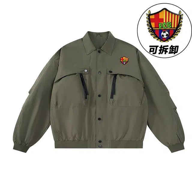 巴塞罗那足球俱乐部 美式复古纯色胸针可拆卸机能风口袋落肩翻领单排扣外套夹克 男女同款