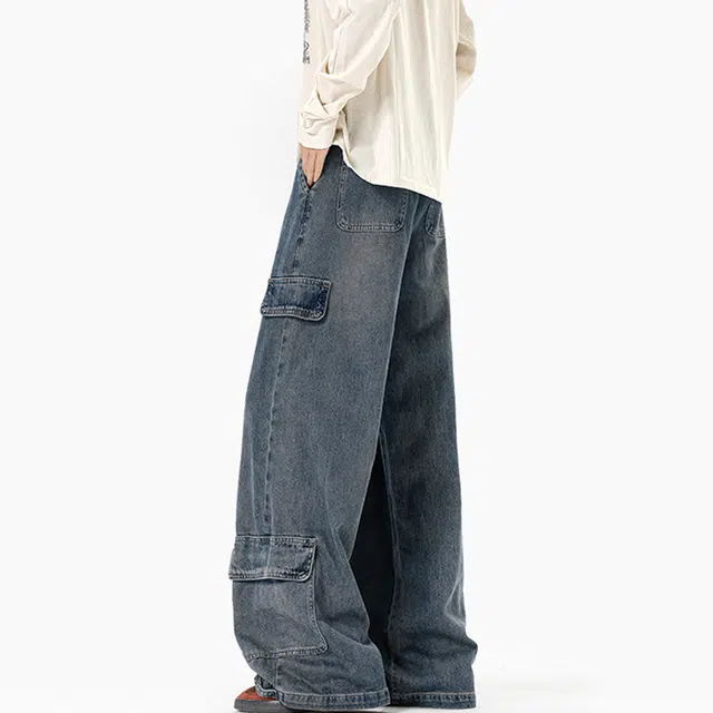 巴塞罗那足球俱乐部 美式复古拼接多口袋水洗做旧百搭简约宽松潮流直筒纽扣门禁休闲户外牛仔裤 男女同款