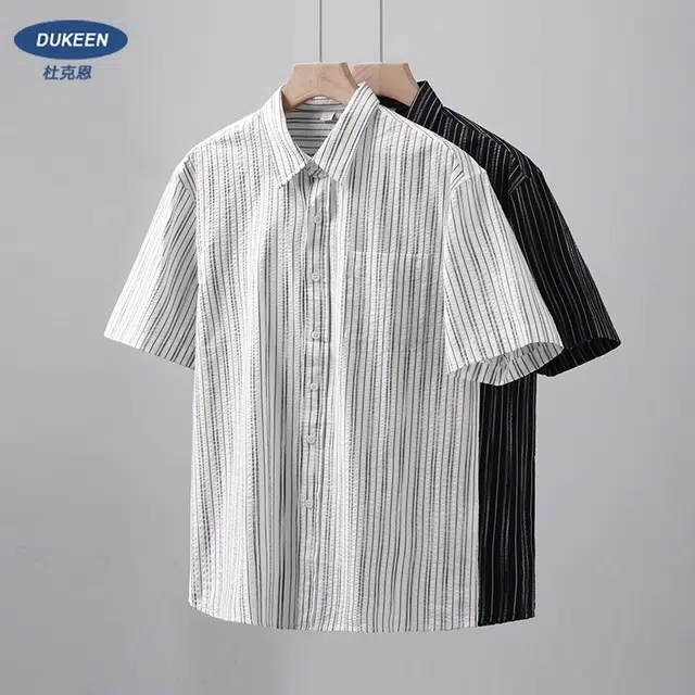 杜克恩 美式纯棉轻薄竖条纹衬衣夏季外套翻领肌理感透气宽松休闲短袖衬衫 男女同款