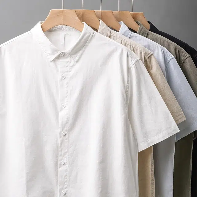 杜克恩 美式亚麻棉衬衣夏季纯色基础款宽松透气百搭休闲短袖衬衫 男女同款