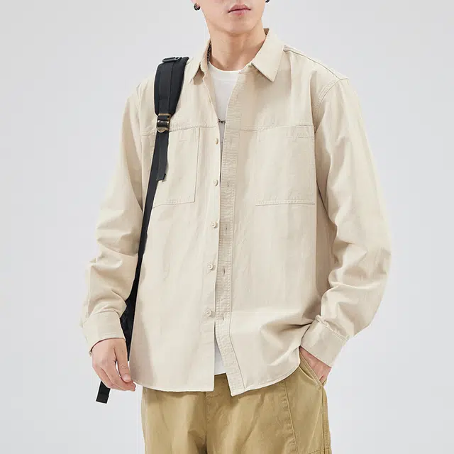 杜克恩 纯棉重磅工装双口袋衬衣外套秋季美式复古纯色翻领宽松休闲夹克式长袖衬衫 男女同款
