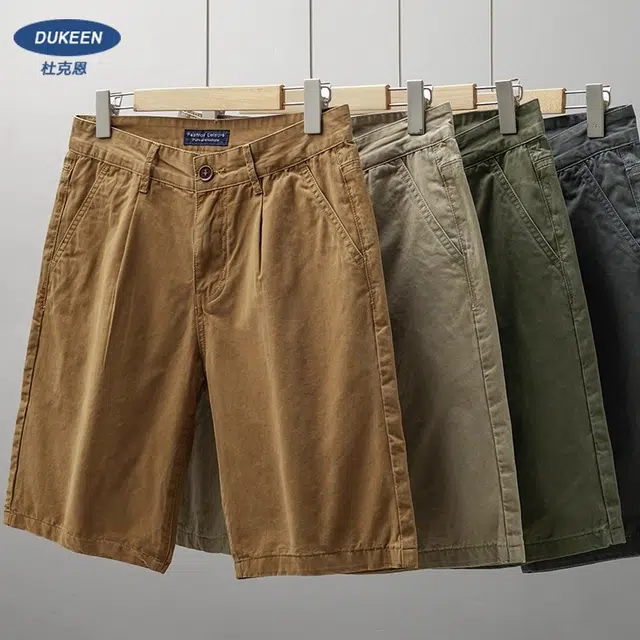 杜克恩 美式复古纯棉直筒中腰五分裤子夏季卡其色休闲宽松潮牌工装短裤 男女同款