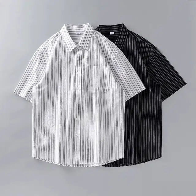 杜克恩 美式纯棉轻薄竖条纹衬衣夏季外套翻领肌理感透气宽松休闲短袖衬衫 男女同款