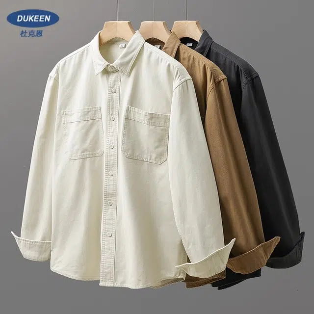 杜克恩 重磅纯棉舒适时尚翻领纯色长袖衬衫 男款