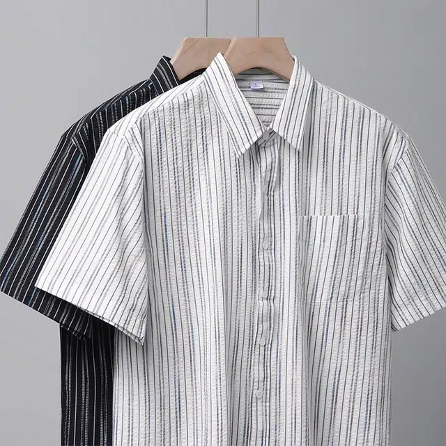 杜克恩 美式纯棉轻薄竖条纹衬衣夏季外套翻领肌理感透气宽松休闲短袖衬衫 男女同款