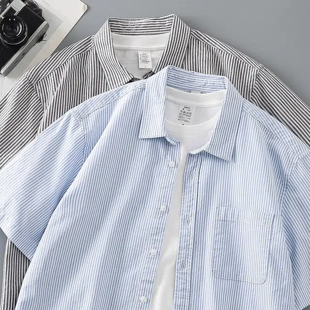 杜克恩 牛津纺休闲宽松条纹短袖百搭通勤衬衫 男女同款
