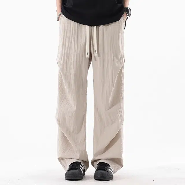 杜克恩 美式凉感速干阔腿伞兵裤夏季松紧腰抽绳长裤多巴胺宽松轻薄透气简约直筒休闲裤 男女同款