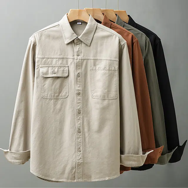 杜克恩 美式复古重磅纯棉工装纯色硬挺廓形多口袋宽松尖领长袖衬衫 男款