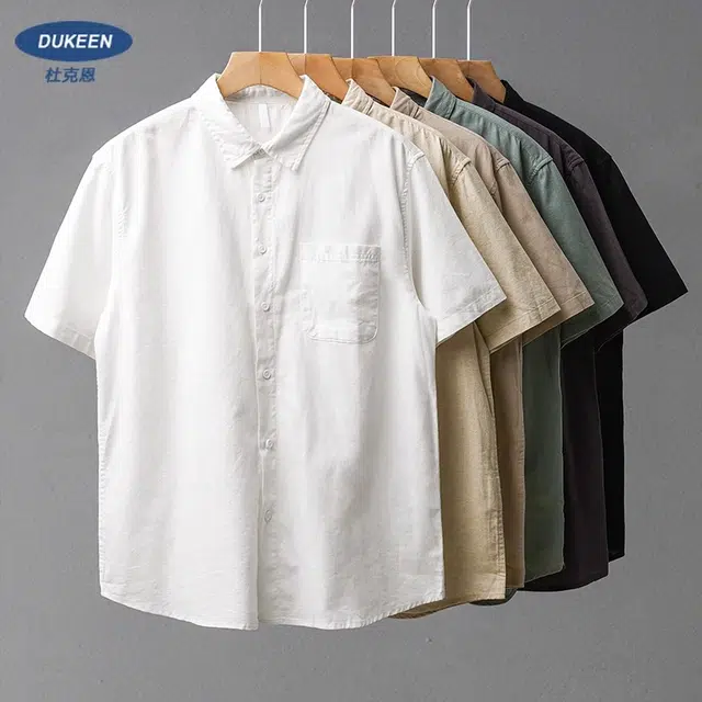 杜克恩 简约风亚麻棉宽松透气纯色基础百搭款翻领棉麻通勤夏季短袖衬衫 男女同款