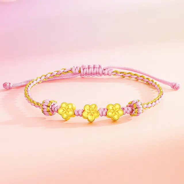 中国黄金 珍·尚银 桃花朵朵 甜美可爱转运招桃花 新中式手编绳 小众设计感 足金 一口价 黄金手链 女款 情侣表白礼盒