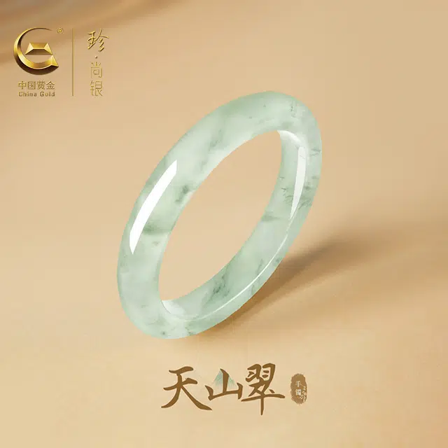 【甄选品质多翠】 珍·尚银 中国黄金 山水墨染意境翠色贵妃镯平安镯 旗袍汉服百搭新中式玉镯 小众轻奢礼盒装 天山翠 手镯 女款