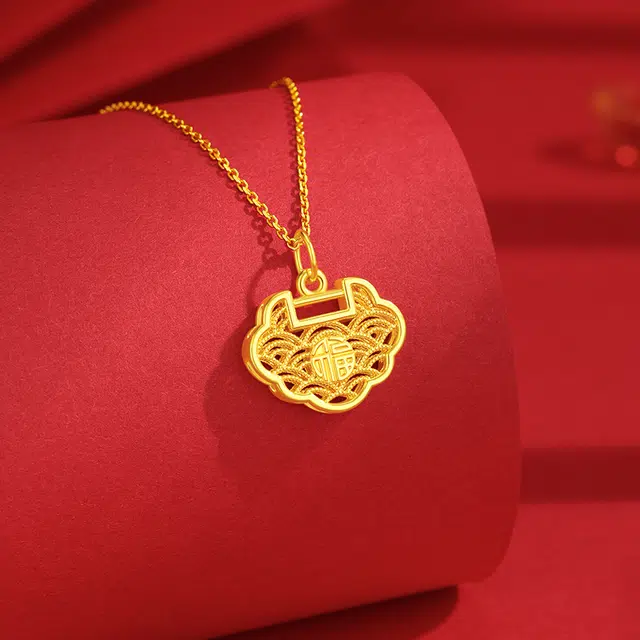 中国黄金 珍·尚银 如意祥云锁  新中式 小众设计感锁骨链 足金 一口价 黄金吊坠 女款 表白礼盒