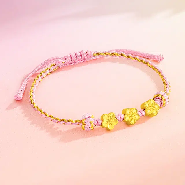 中国黄金 珍·尚银 桃花朵朵 甜美可爱转运招桃花 新中式手编绳 小众设计感 足金 一口价 黄金手链 女款 情侣表白礼盒