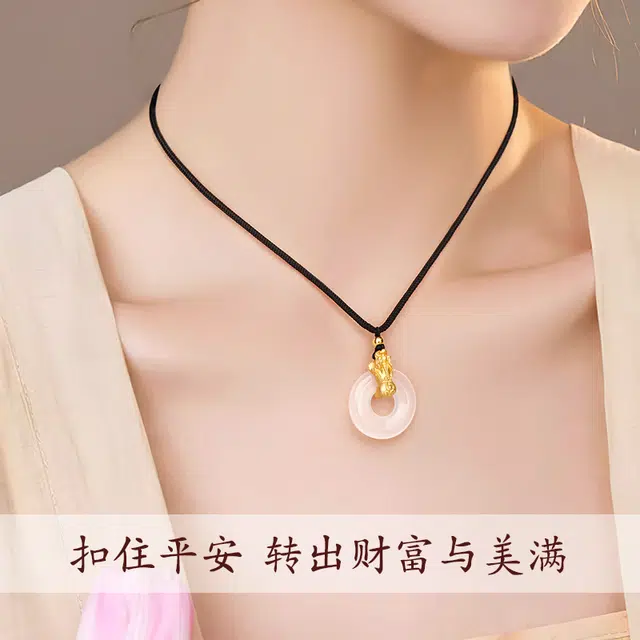 珍·尚银 中国黄金【赐福貔貅】幸运吞金兽新中式平安扣锁骨链纯银 轻奢高级时尚精致百搭 小众好运礼盒女友天然 玉髓 玉石项链 女款